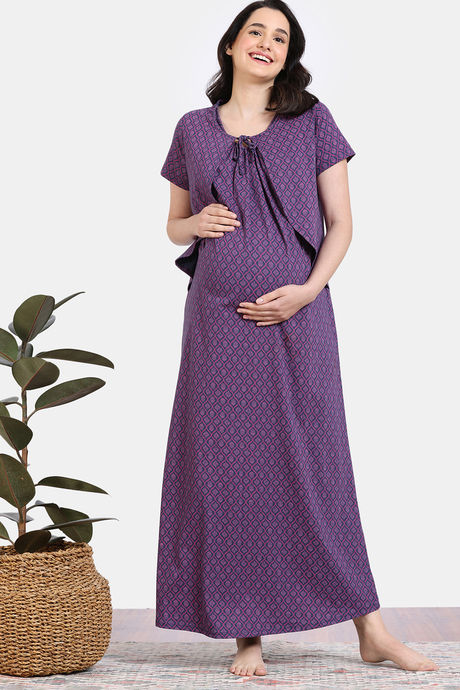 Zivame Maternity Petal Dreams Knit Cotton Full Length Nightdress - Medieval Blue — image 2